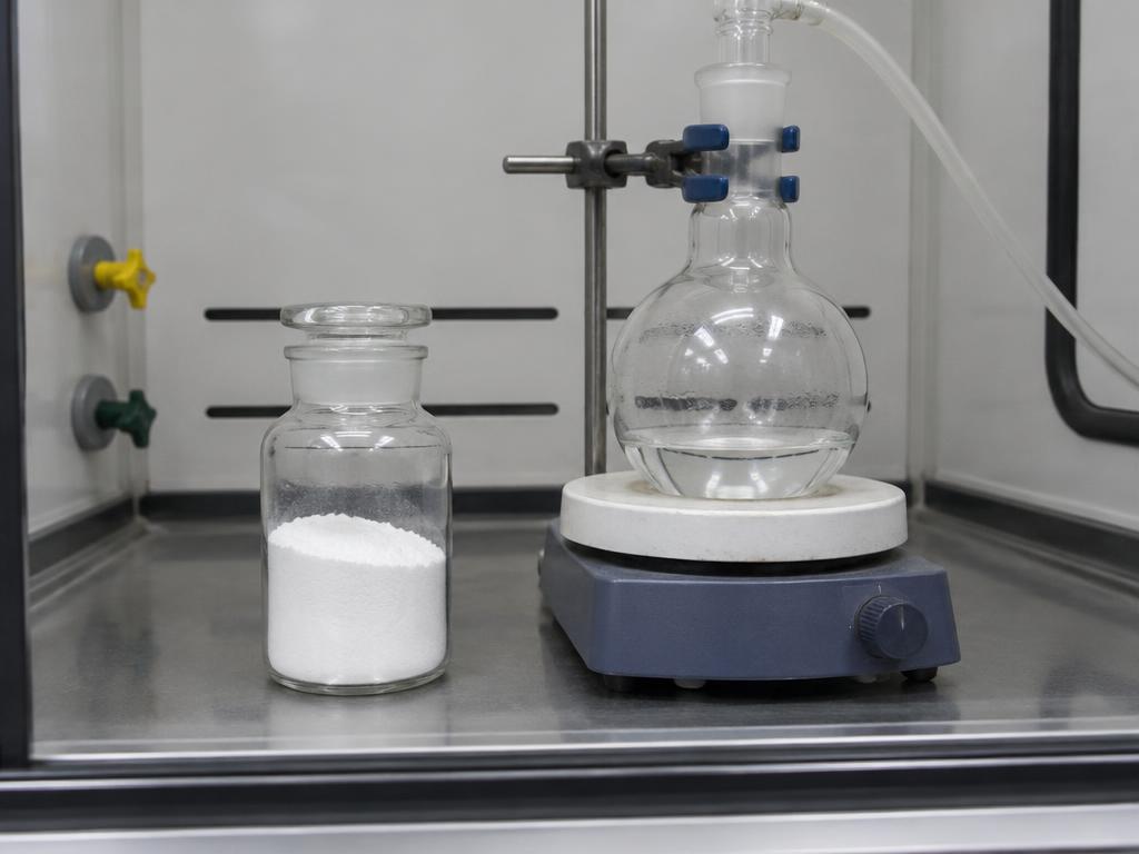 White powder in a jar in a fume hood — generic product illustration