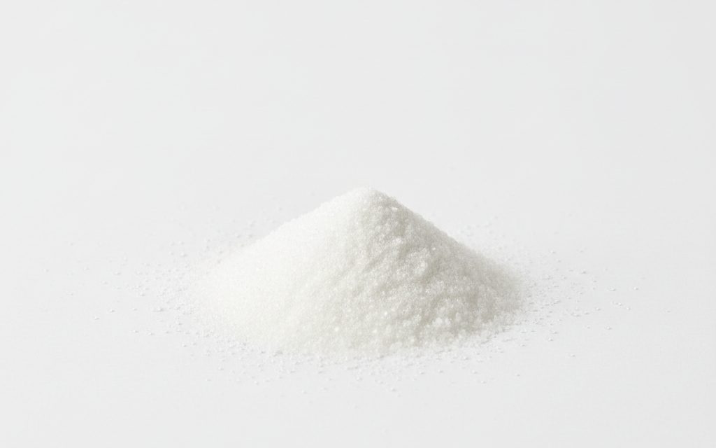 Inulin / Chicory Root Fibre — a fine, white, crystalline or amorphous powder with a neutral to slightly sweet taste, resembling powdered sugar in glass dishes, studio product photograph