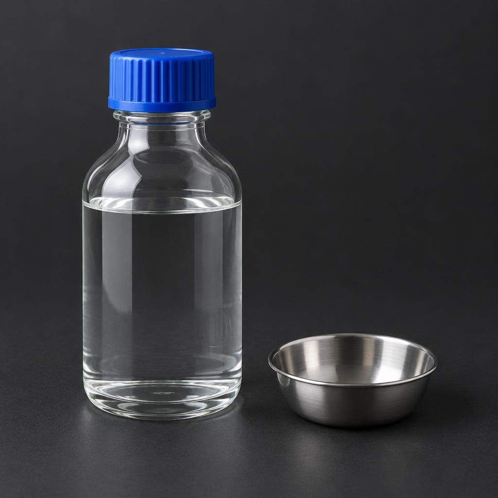 Illustrative studio sample of Isobutyl Isobutyrate as clear colourless liquid in an unbranded laboratory bottle