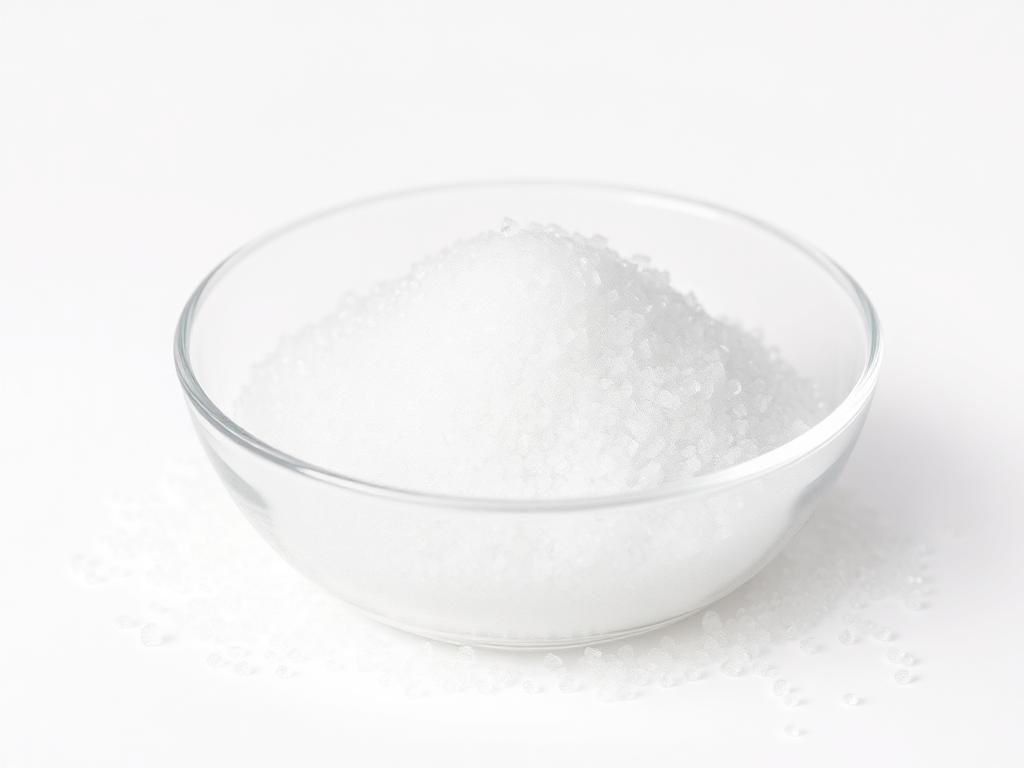 Isomalt — studio photograph of the white crystalline granules or powder as supplied in bulk