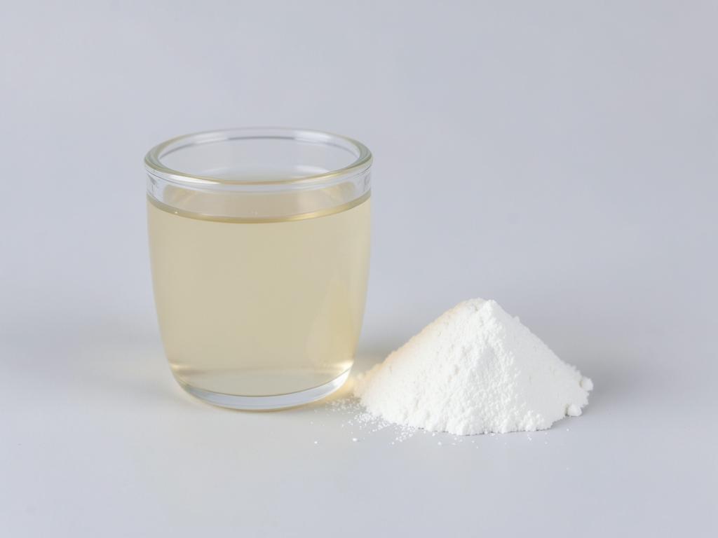 Isomaltooligosaccharide shown as a pale golden syrup in a glass beside a small heap of white powder in a neutral studio photograph