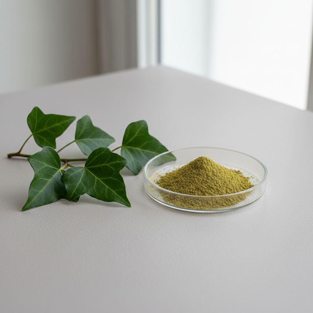 Illustrative studio sample of Ivy Leaf Extract beside Hedera helix source material