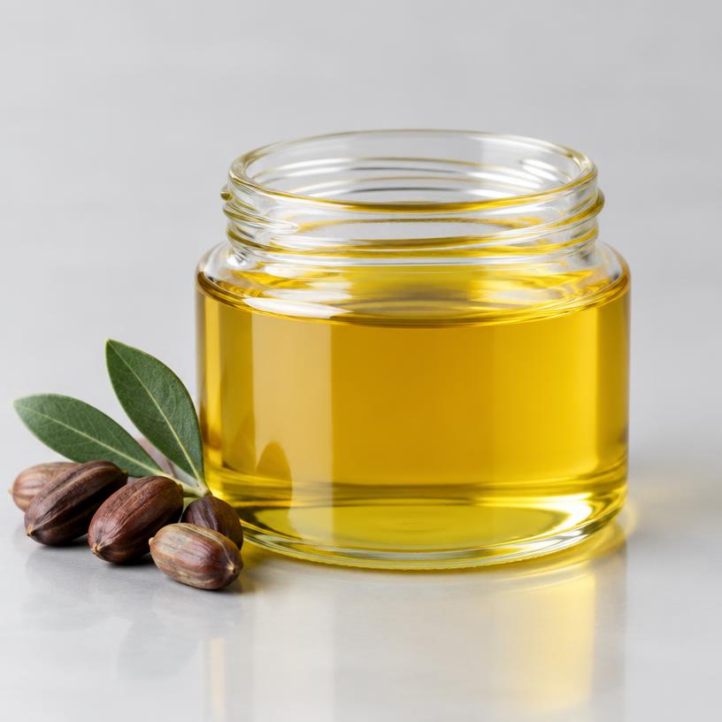 Jojoba Oil — Cosmetic Grade — studio photograph of clear to golden liquid wax, presented as a B2B sourcing category illustration