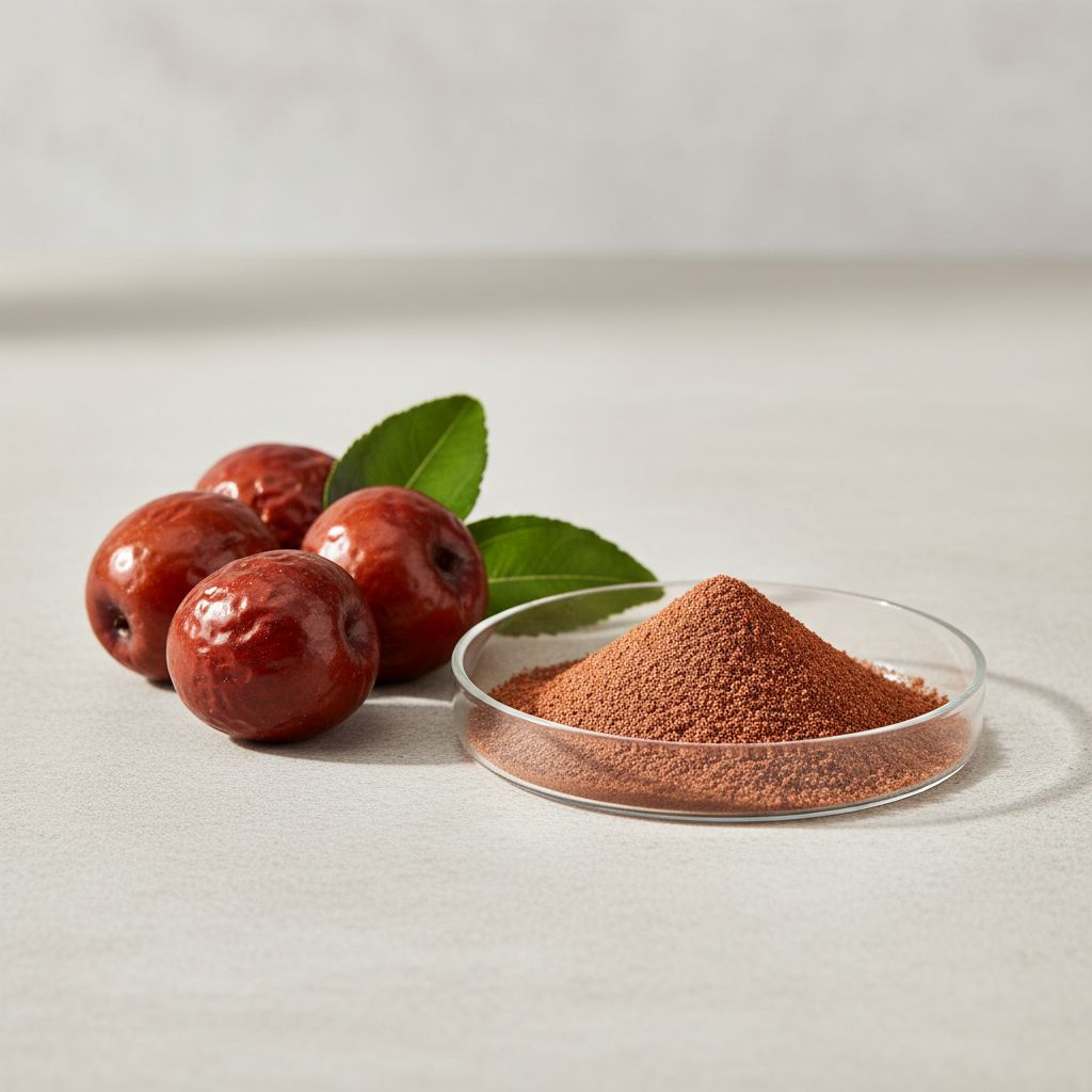 Illustrative studio sample of Jujube Fruit Extract beside Ziziphus jujuba source material