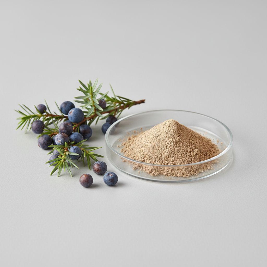 Illustrative studio sample of Juniper Berry Extract beside Juniperus communis source material