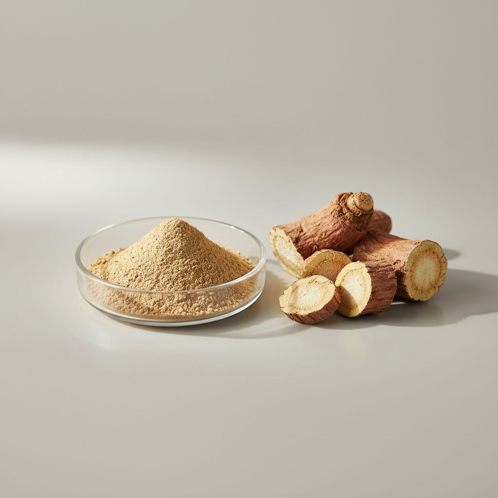 Illustrative studio sample of Kaempferia Extract beside Kaempferia spp. source material