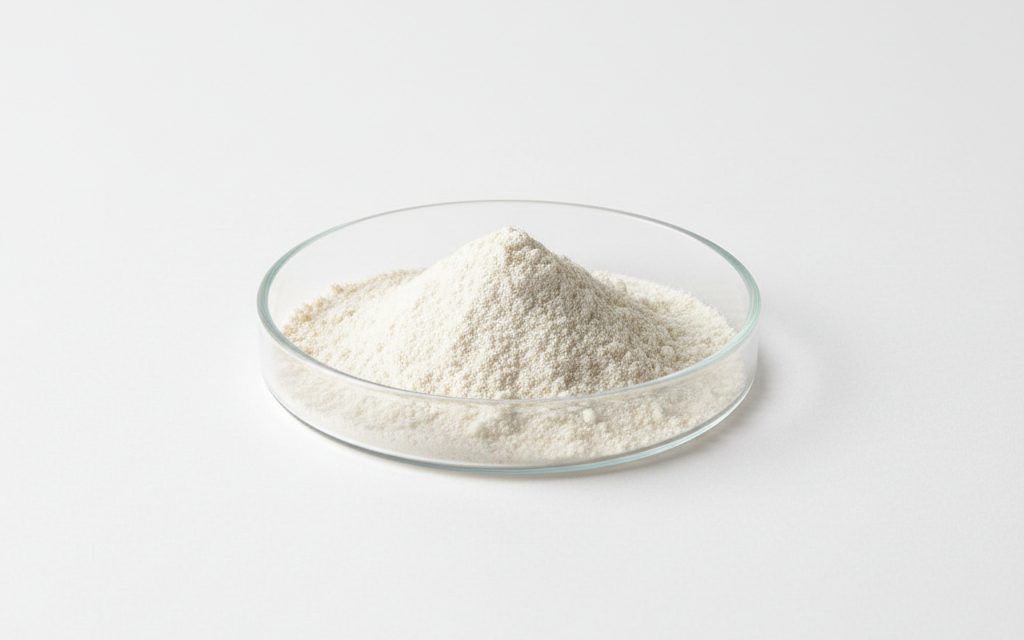 Grade confirmed at quotation — fine, earthy white to off-white soft powder, non-crystalline texture, often presented as a matte mineral pile in lab dishes, studio product photograph