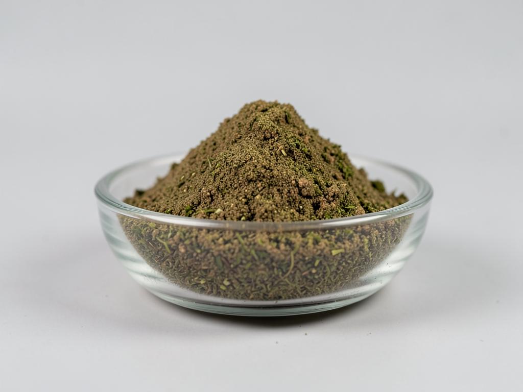 Kelp Powder shown as a dried milled botanical powder in a shallow dish in a neutral studio photograph