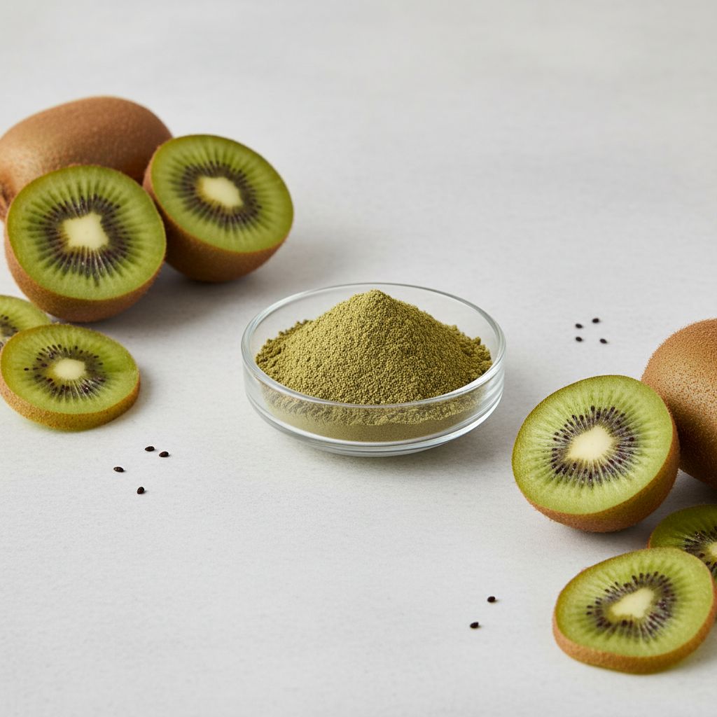 Illustrative studio sample of Kiwi Fruit Powder beside Actinidia deliciosa source material