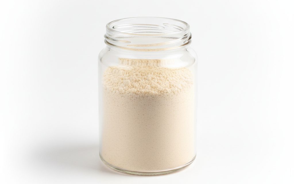 Konjac Gum / Glucomannan — a fine, cream to light tan powder with a high viscosity when hydrated, appearing as a uniform, slightly dense dry material, studio product photograph