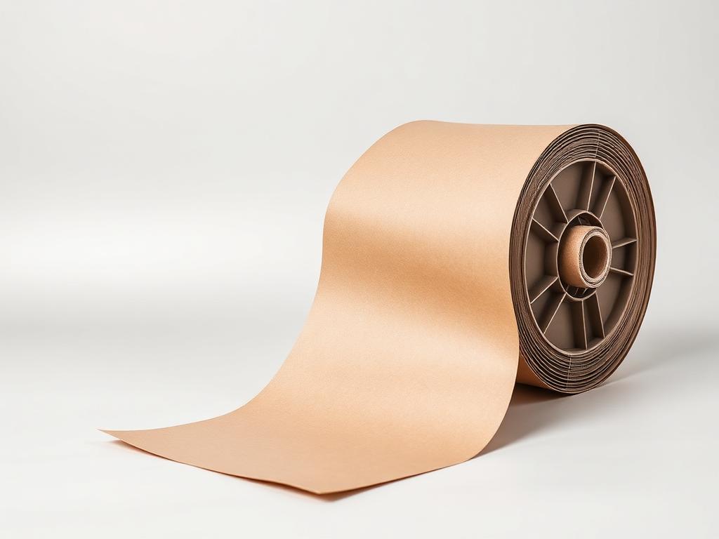 Reel and folded sheet of brown kraft packaging paper on a neutral studio background