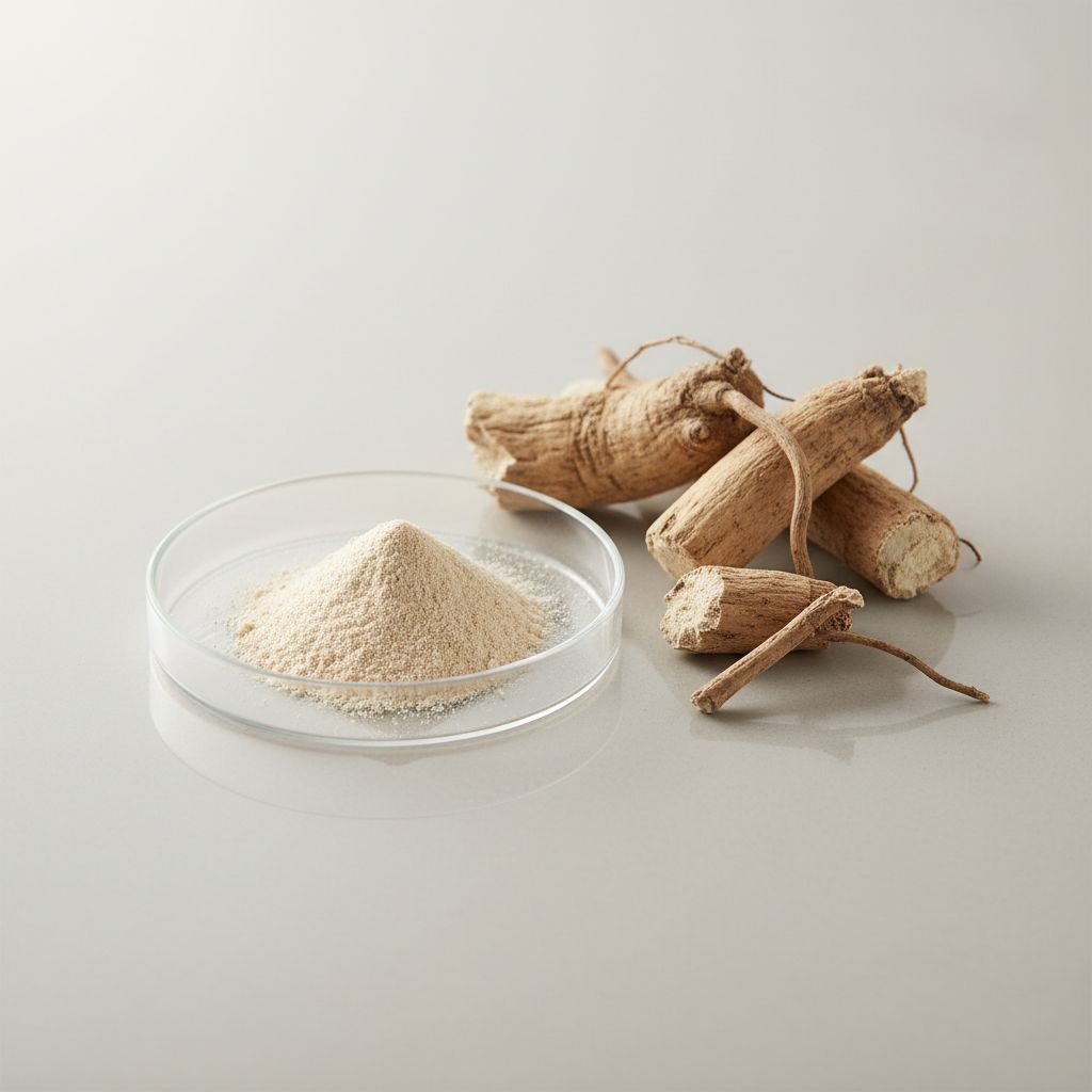 Illustrative studio sample of Kudzu Root Extract beside Pueraria montana var. lobata source material