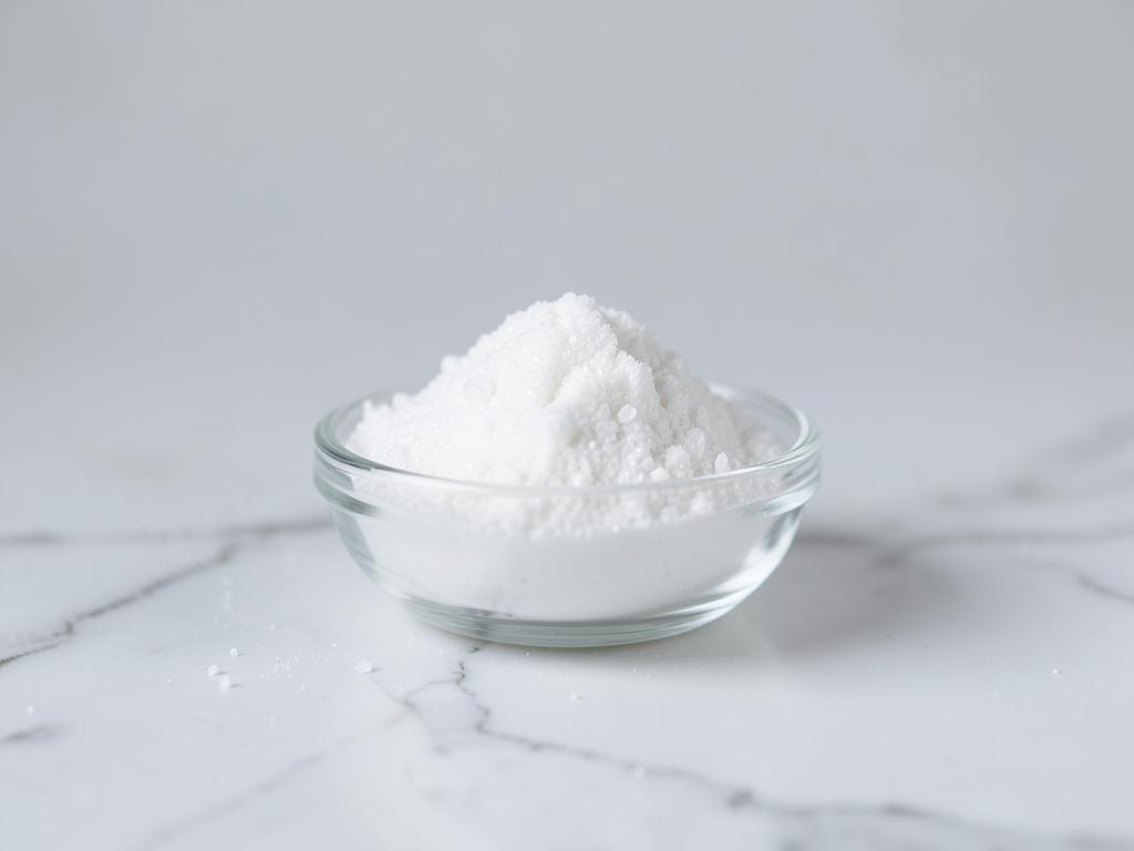L-alanine shown as a white crystalline amino acid powder in a small glass dish in a neutral studio photograph