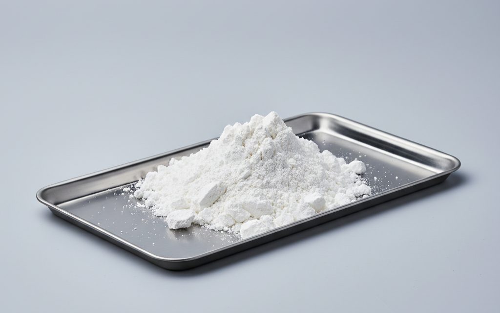 L-Carnitine — a white, highly hygroscopic crystalline powder that frequently clumps, often shown in sealed containers to prevent moisture absorption, studio product photograph