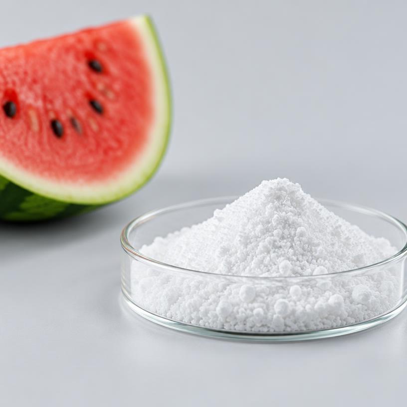 L-Citrulline — Supplement Grade — studio photograph of white crystalline powder, presented as a B2B sourcing category illustration