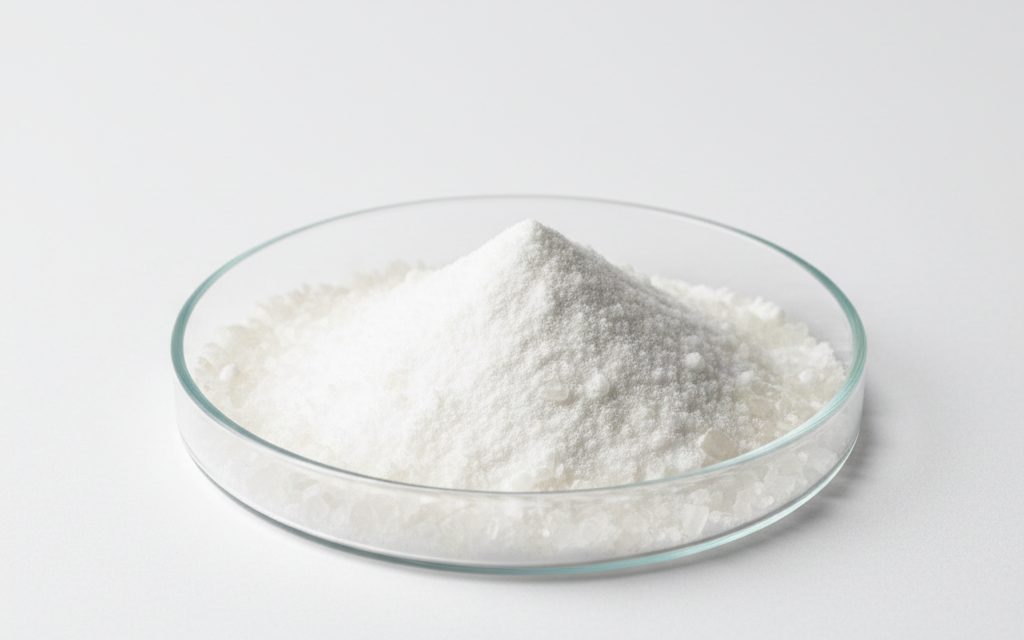 L-Glutamine — fine, white crystalline powder or small translucent crystals with a smooth texture and high degree of flowability, studio product photograph