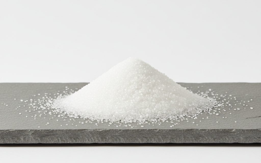 Glycine — white, odorless crystalline powder with a sweet taste, appearing as small, uniform grains similar to fine table sugar in texture, studio product photograph