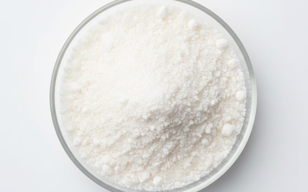 L-Isoleucine — white to off-white crystalline powder or flakes, possessing a neutral odor and a uniform, dry surface texture for animal nutrition, studio product photograph