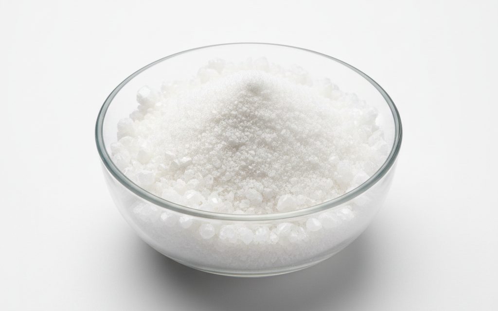 L-Leucine — small white crystals or a fine crystalline powder that is odorless and has a soft, lightweight feel when handled in bulk, studio product photograph
