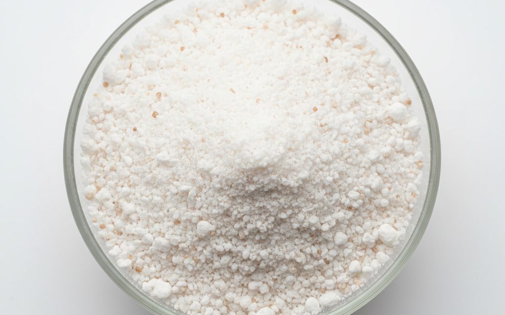 L-Lysine HCl — small white to pale brownish granules or powder that is free-flowing and possesses a characteristic faint odor typical of amino acids, studio product photograph