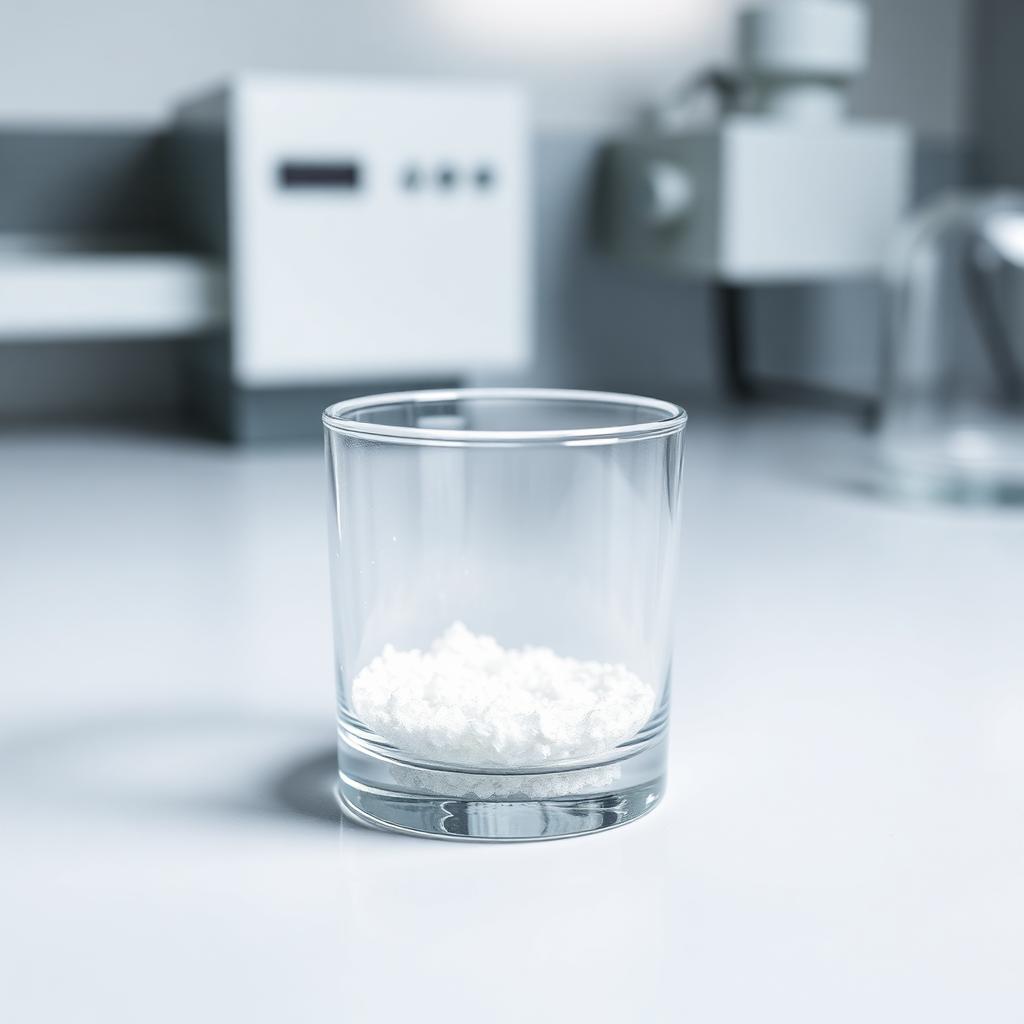 L-Methionine — pure white crystalline amino acid material in clear laboratory glassware on a clean industrial bench, studio product photograph