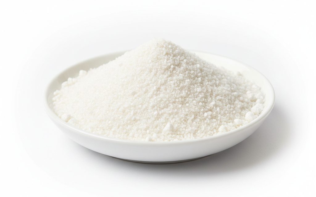 L-Threonine — white to off-white crystalline powder or small granules with a slightly sweet taste and a dry, uniform physical appearance, studio product photograph