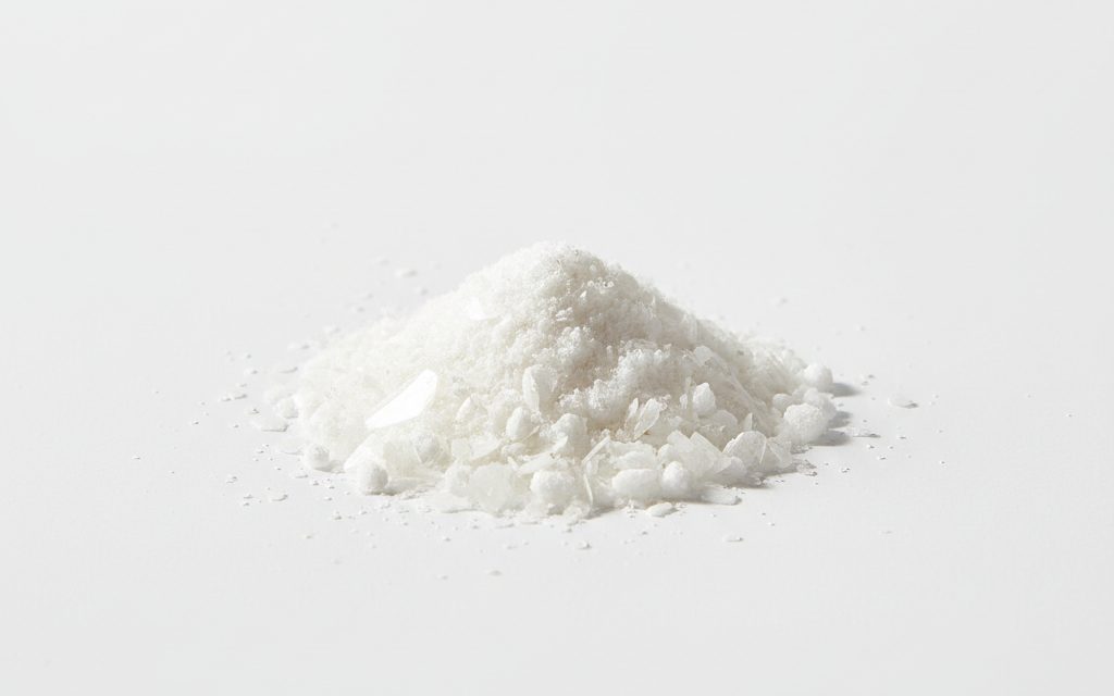 L-Valine — white crystalline powder or small shiny plates that are odorless and have a dry, stable consistency for blending into premixes, studio product photograph