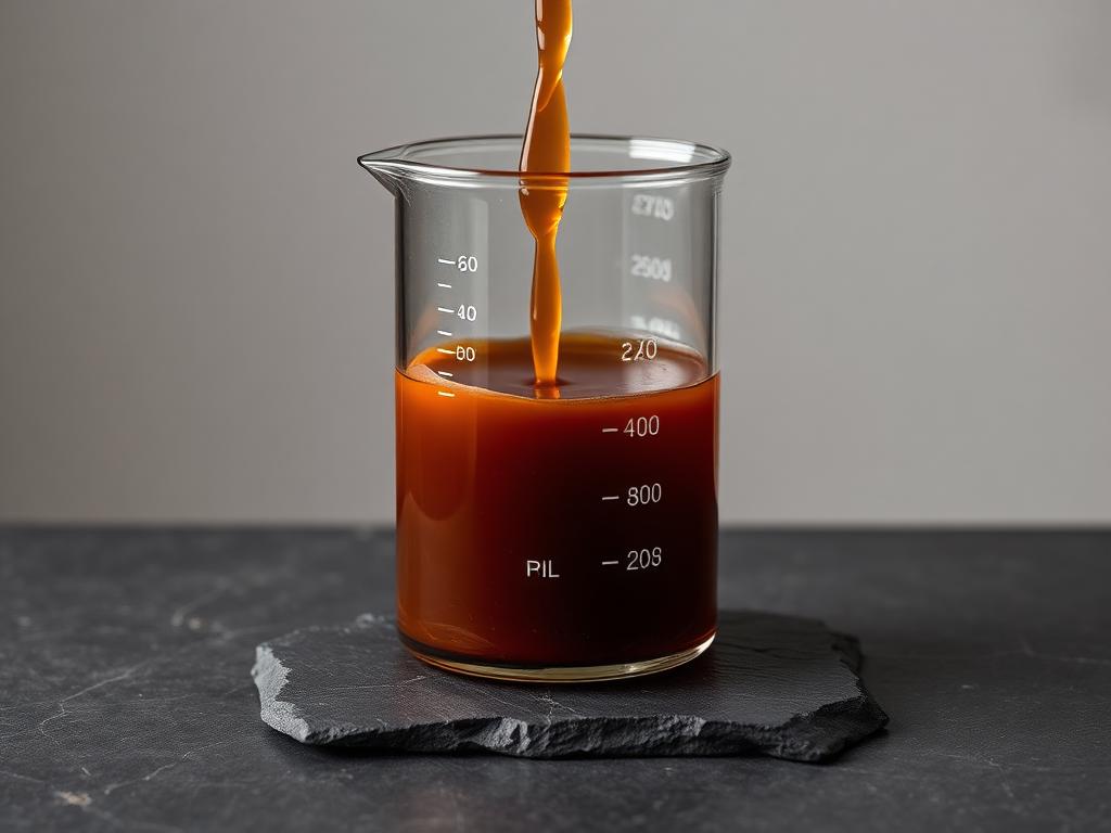 Thick dark brown surfactant liquid pouring into a glass beaker on a dark slate studio surface