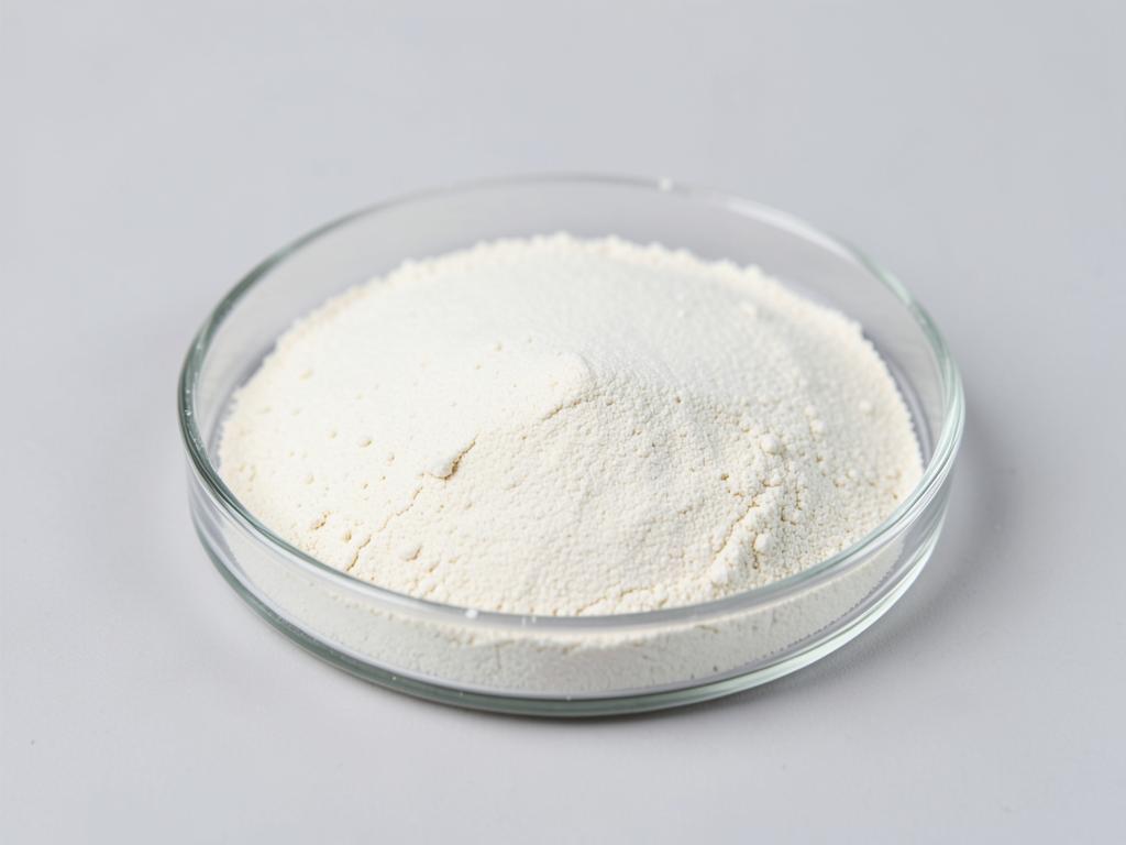 Lactobacillus gasseri shown as a free-flowing culture powder in a shallow dish in a neutral studio photograph
