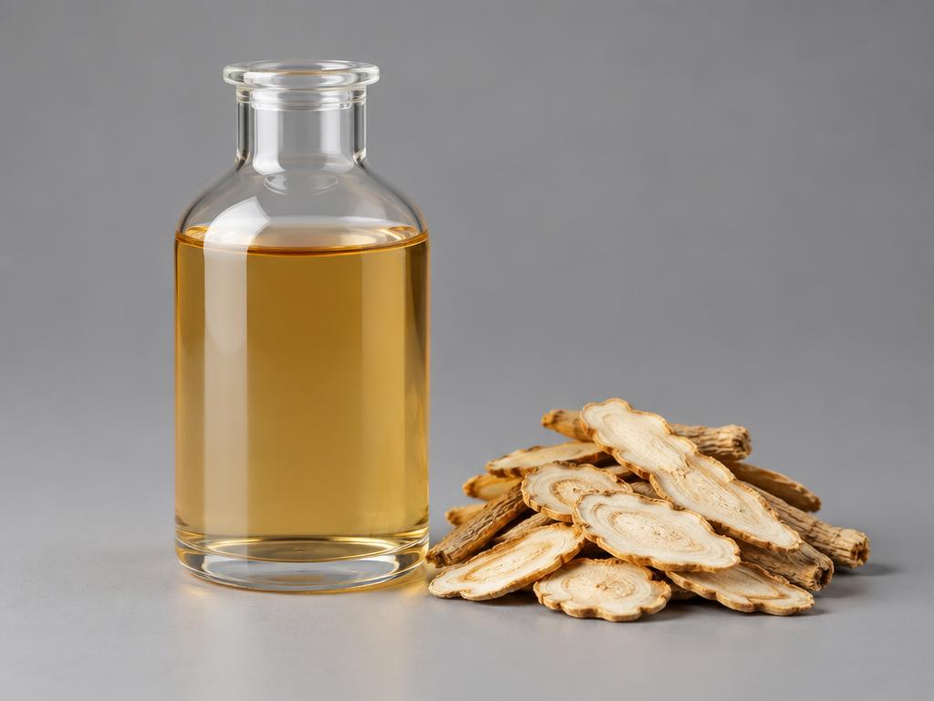 Lactobacillus/Panax Ginseng Root Ferment Filtrate Blend — studio photograph of a light amber ferment filtrate liquid in a plain glass bottle beside dried ginseng root slices