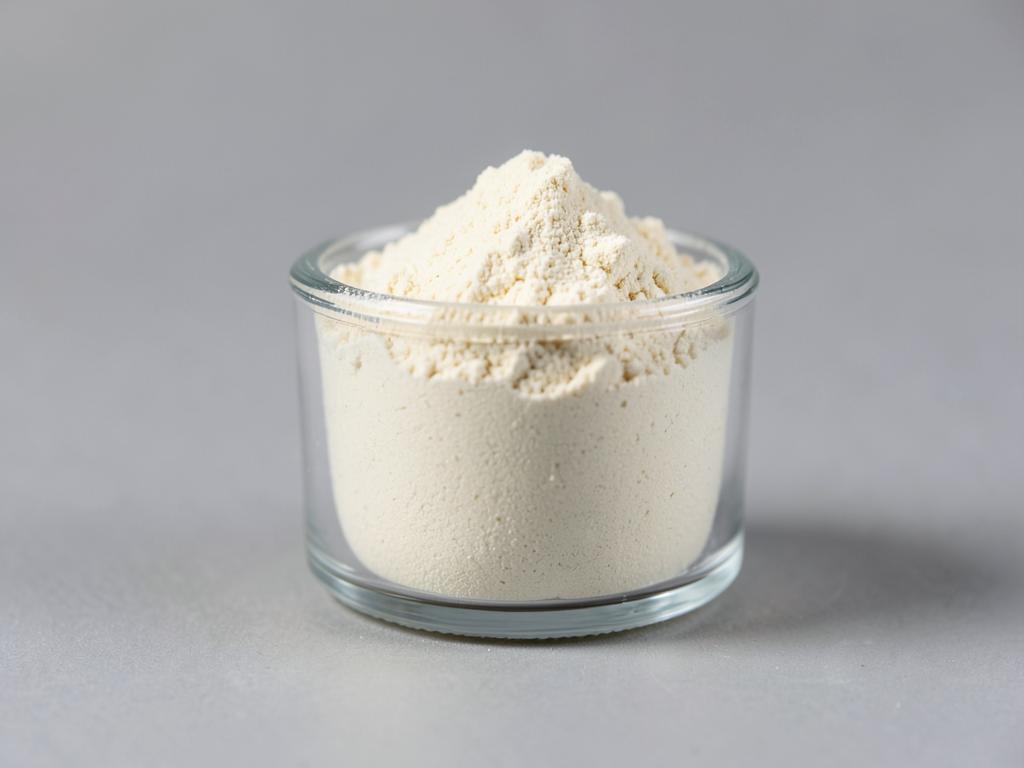 Lactobacillus paracasei shown as a free-flowing culture powder in a shallow dish in a neutral studio photograph