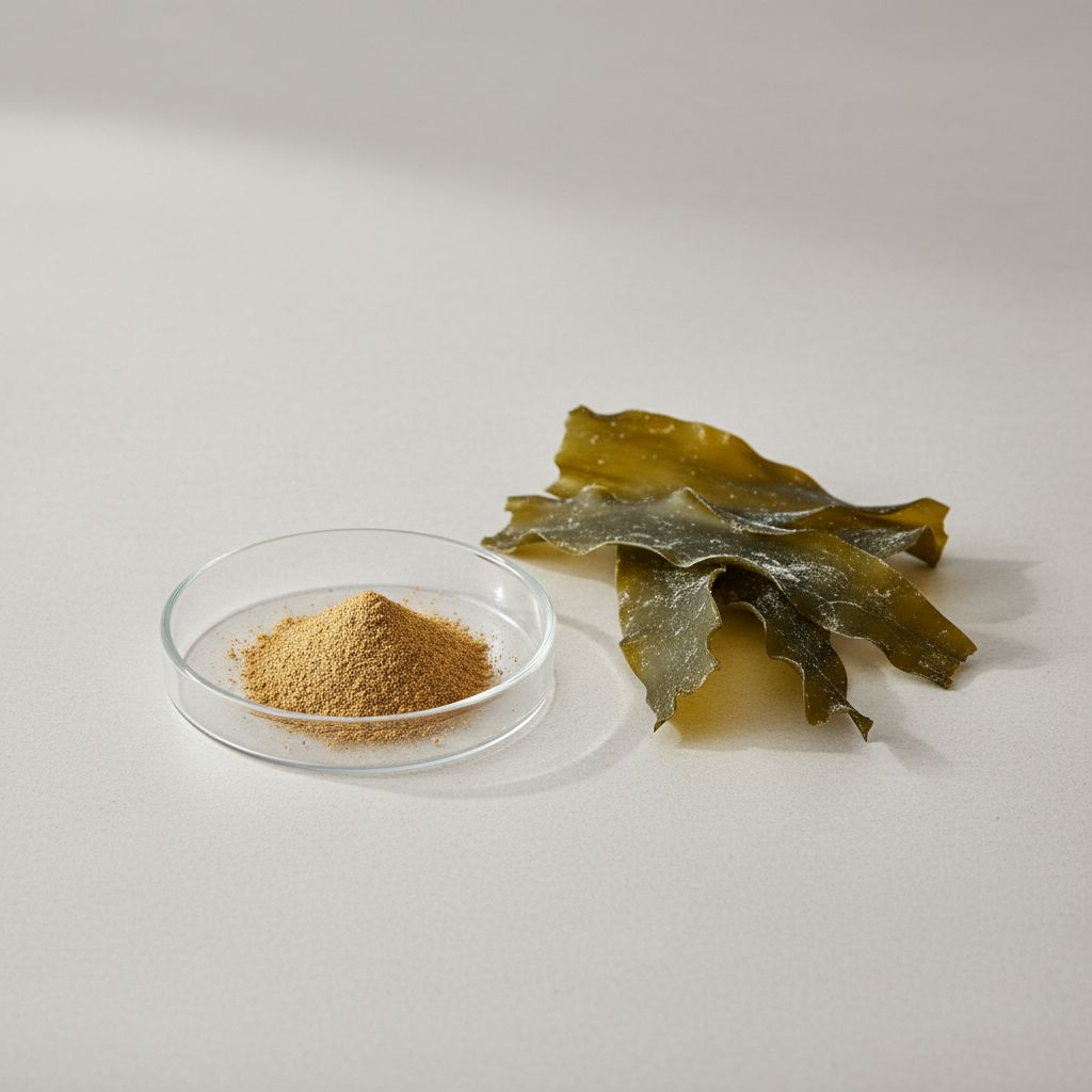 Illustrative studio sample of Laminaria Japonica (Kelp) Extract beside Saccharina japonica source material