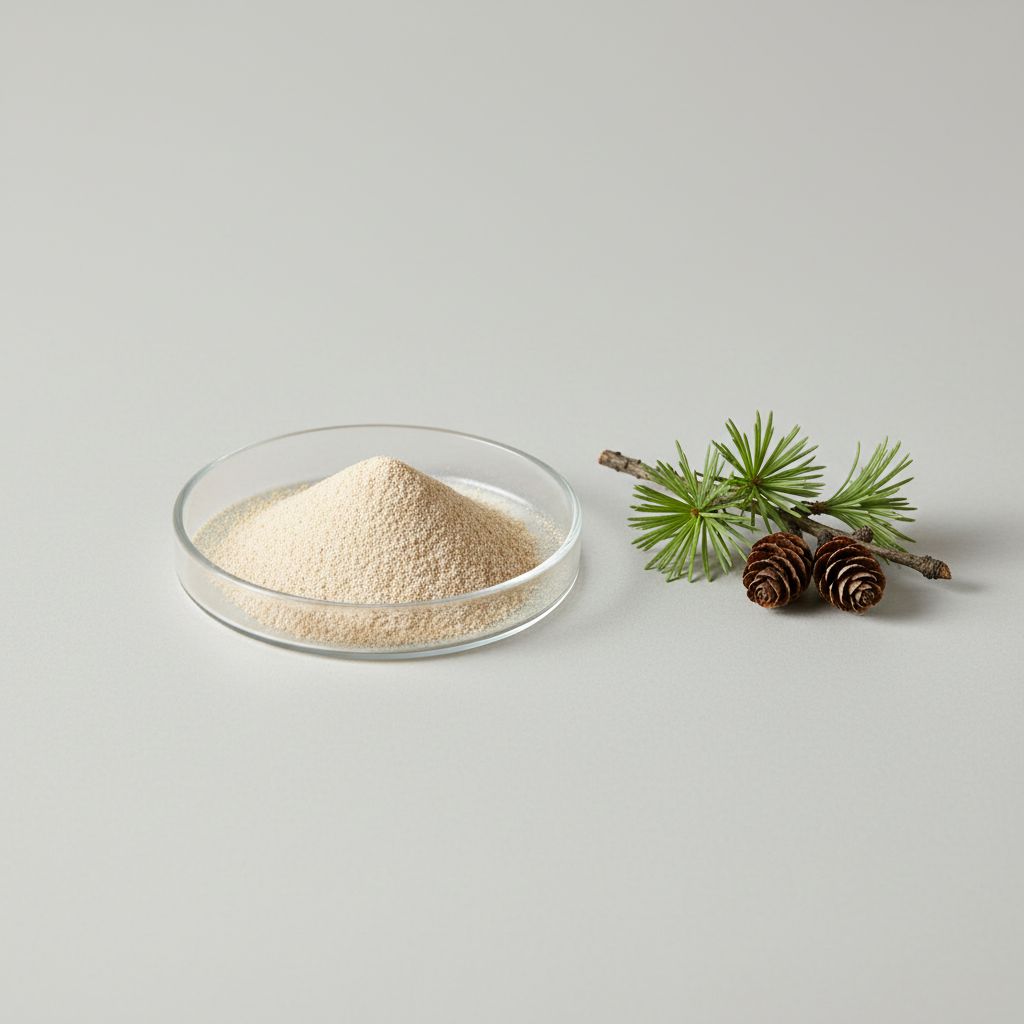 Illustrative studio sample of Larch Extract beside Larix spp. source material