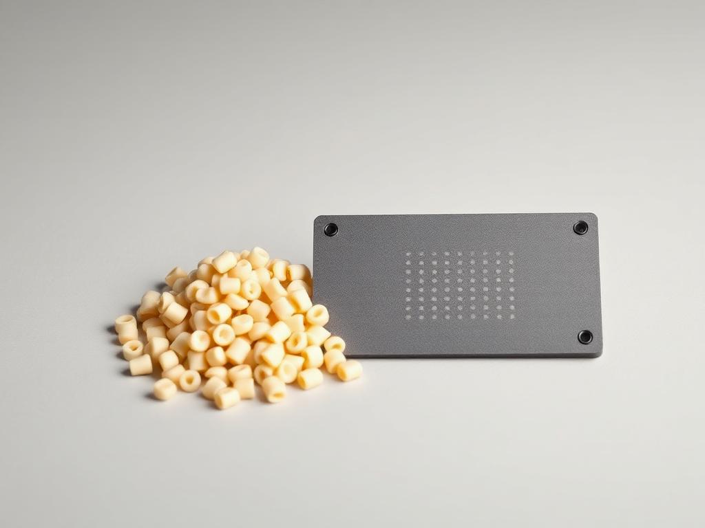 Small heap of pale laser-marking masterbatch pellets beside a marked plastic plaque on a neutral studio background