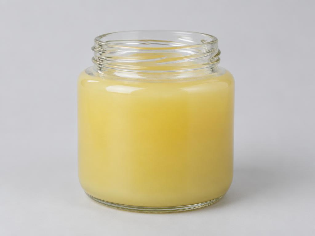 Laureth-6 Carboxylic Acid — studio photograph of a hazy pale yellow waxy liquid in an open squat glass jar