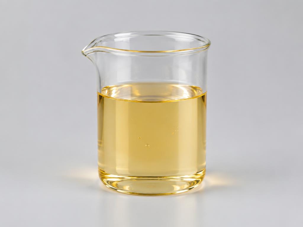Laurimino Bispropanediol — studio photograph of a clear pale amber viscous liquid in a glass laboratory beaker