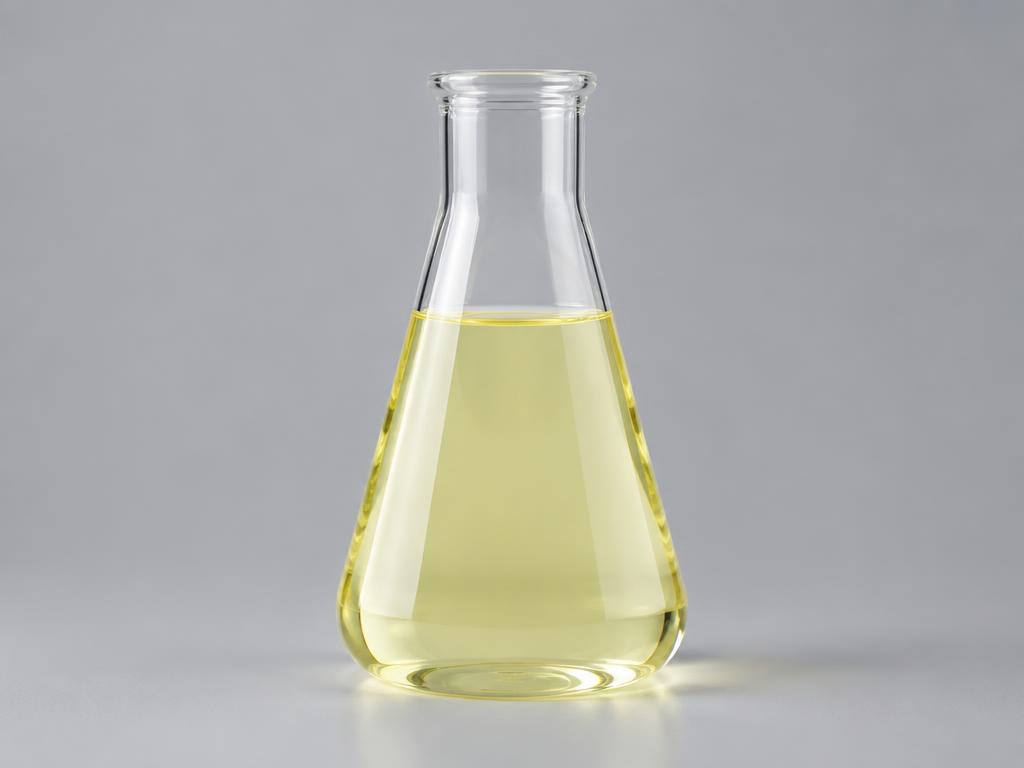 Laurimino Bispropanediol / Piroctone Olamine Blend — studio photograph of a pale yellow translucent liquid in a laboratory glass flask