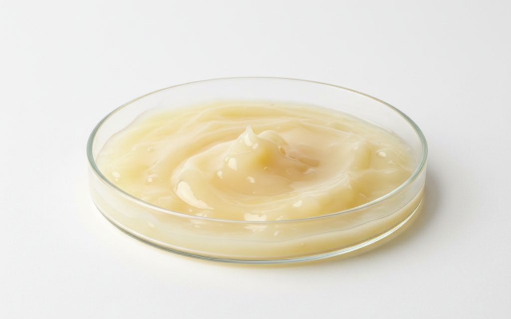 Grade confirmed at quotation — cloudy, high-viscosity yellowish paste or liquid that frequently solidifies at room temperature, requiring heat for processing into formulations, studio product photograph