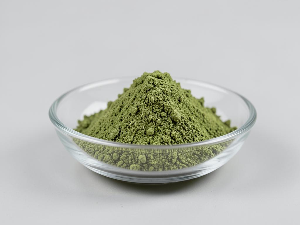 Lemon Balm Leaf Powder shown as a dried milled botanical powder in a shallow dish in a neutral studio photograph
