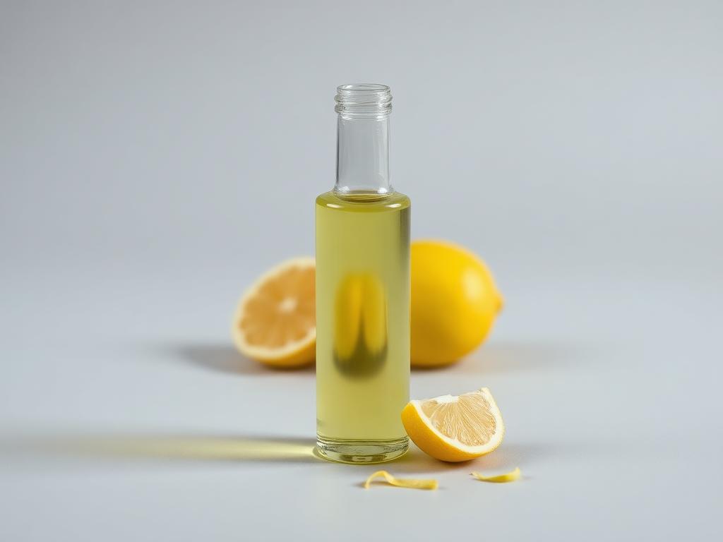 Lemon essential oil shown as a neutral studio photograph of a clear unlabelled glass vessel of pale yellow oil beside cut lemon