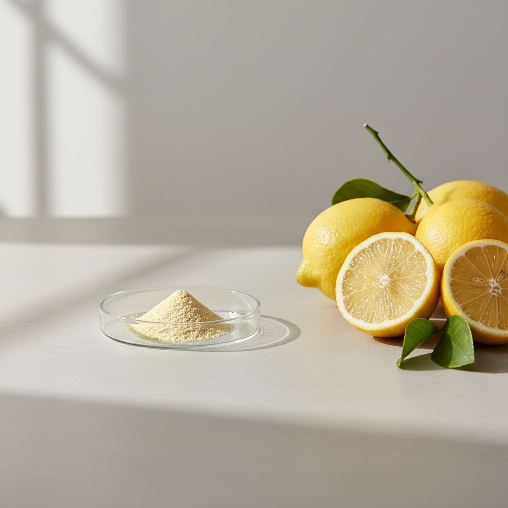 Illustrative studio sample of Lemon Extract (Limonin) beside Citrus limon source material