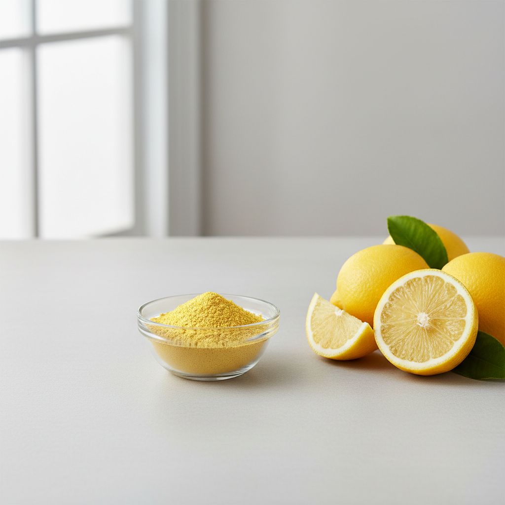 Illustrative studio sample of Lemon Juice Powder beside Citrus limon source material