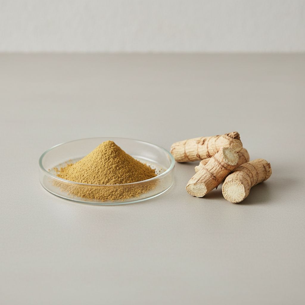 Illustrative studio sample of Lesser Galangal Rhizome Extract beside Alpinia officinarum source material