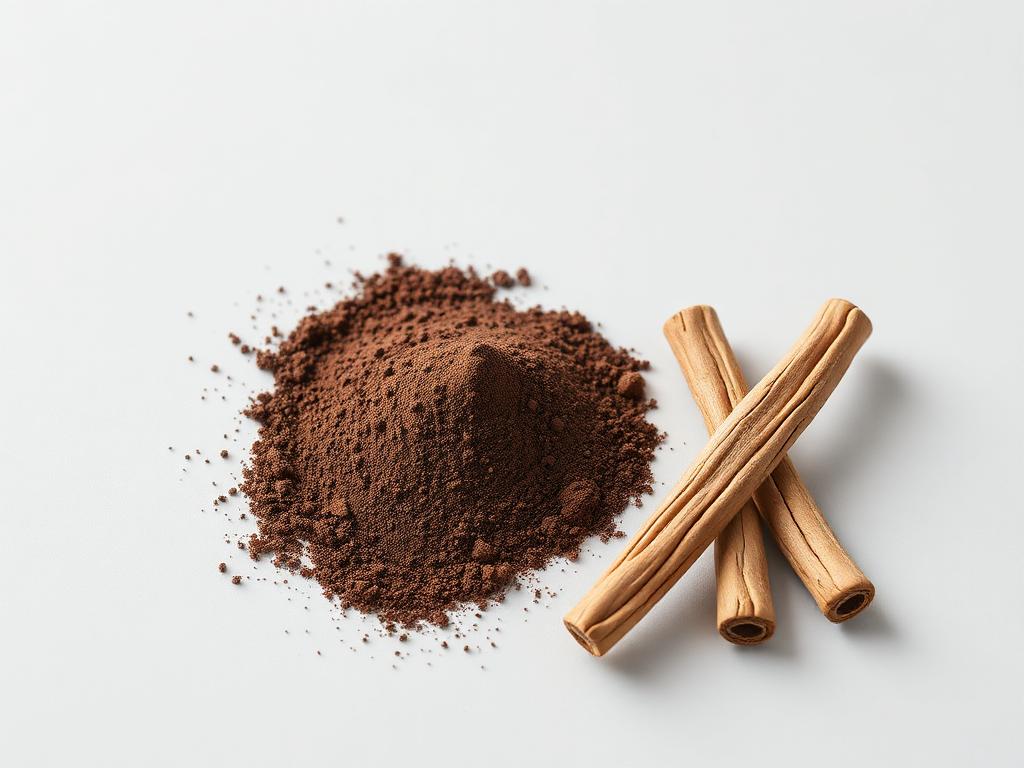 Licorice extract shown as a neutral studio photograph of brown extract powder beside dried licorice root