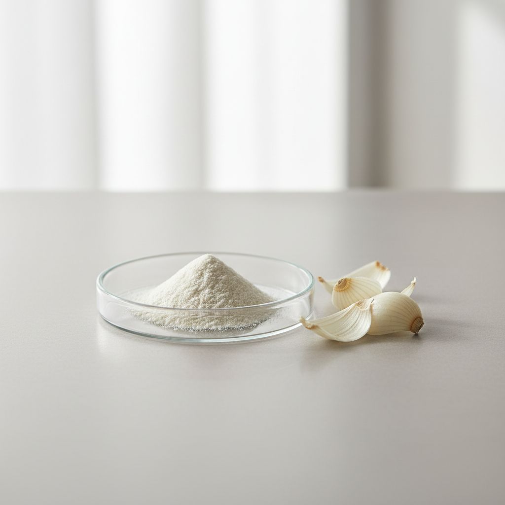Illustrative studio sample of Lily Bulb Extract beside Lilium spp. source material