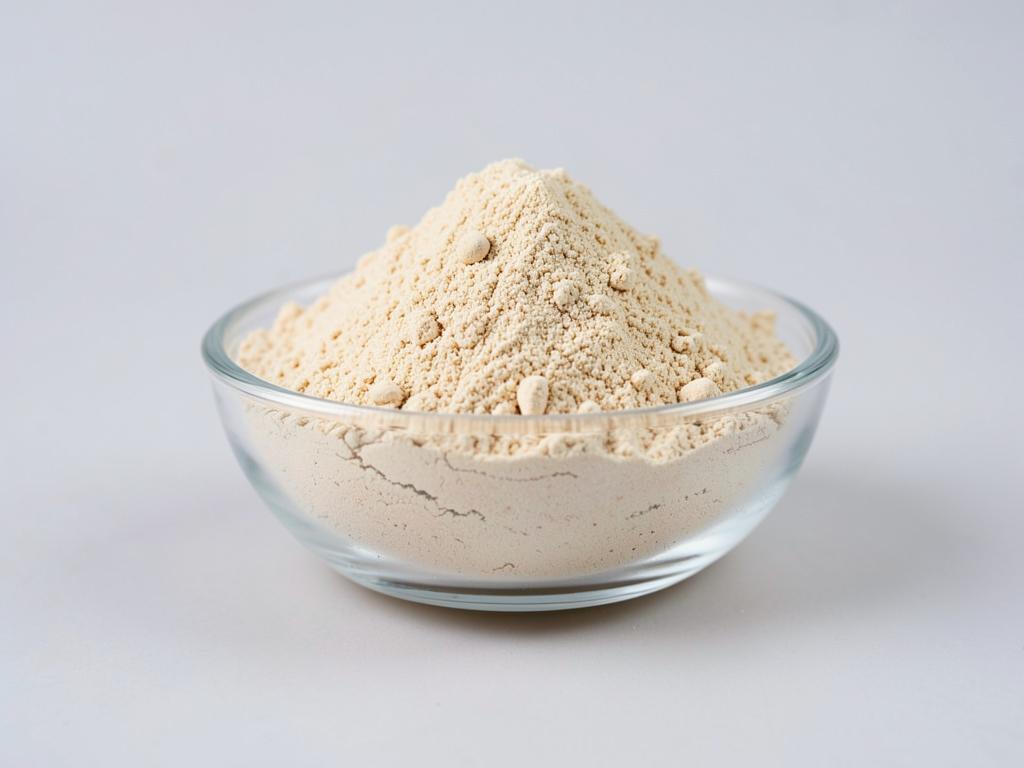 Lion's Mane Mushroom Powder shown as a fine dried mushroom powder in a shallow dish in a neutral studio photograph