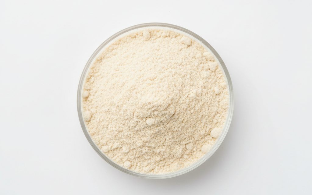 Locust Bean Gum (LBG) — a creamy-white to yellowish-tan fine powder, odorless and neutral in flavor, typically presented as a dense, soft-textured dry powder, studio product photograph