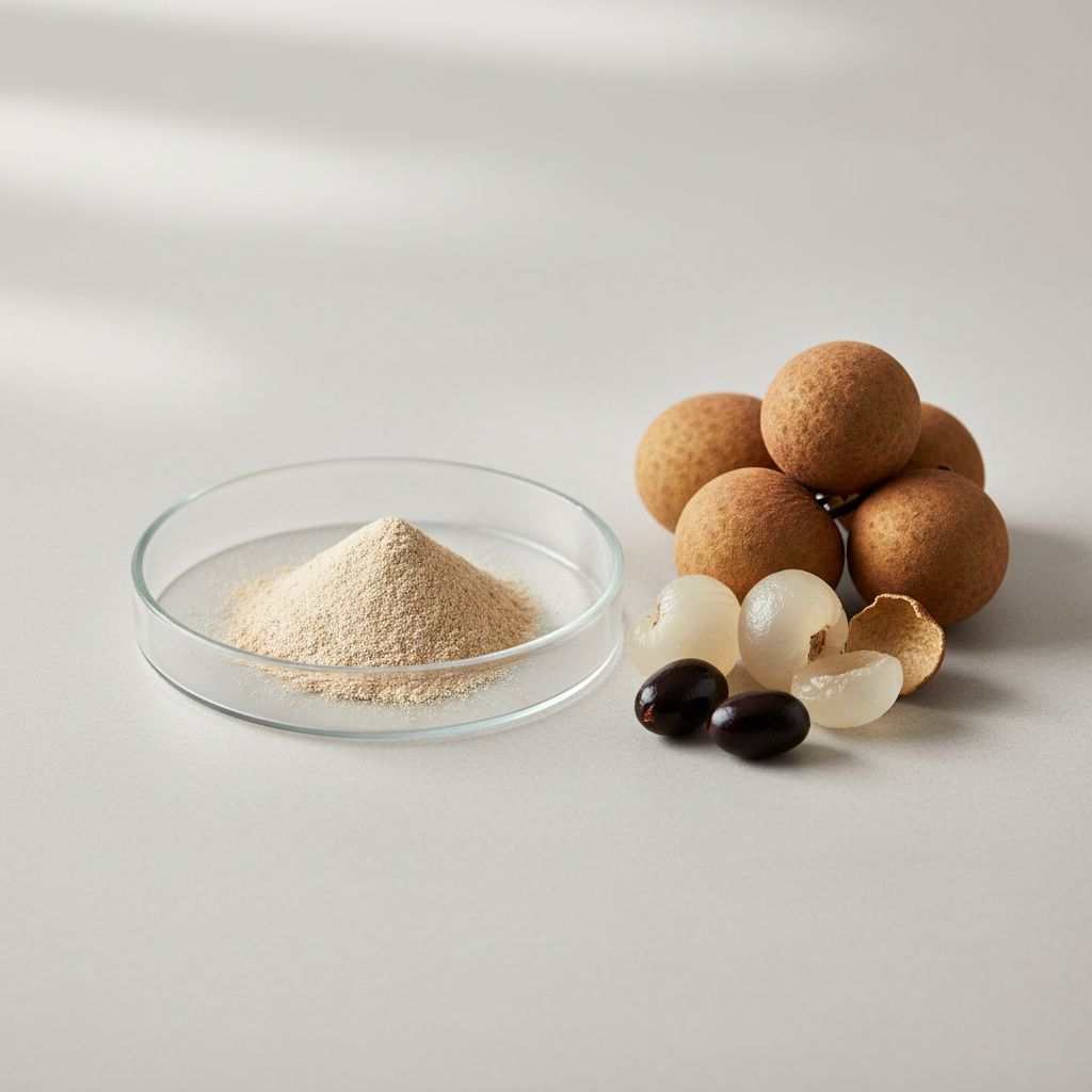Illustrative studio sample of Longan Aril Extract beside Dimocarpus longan source material