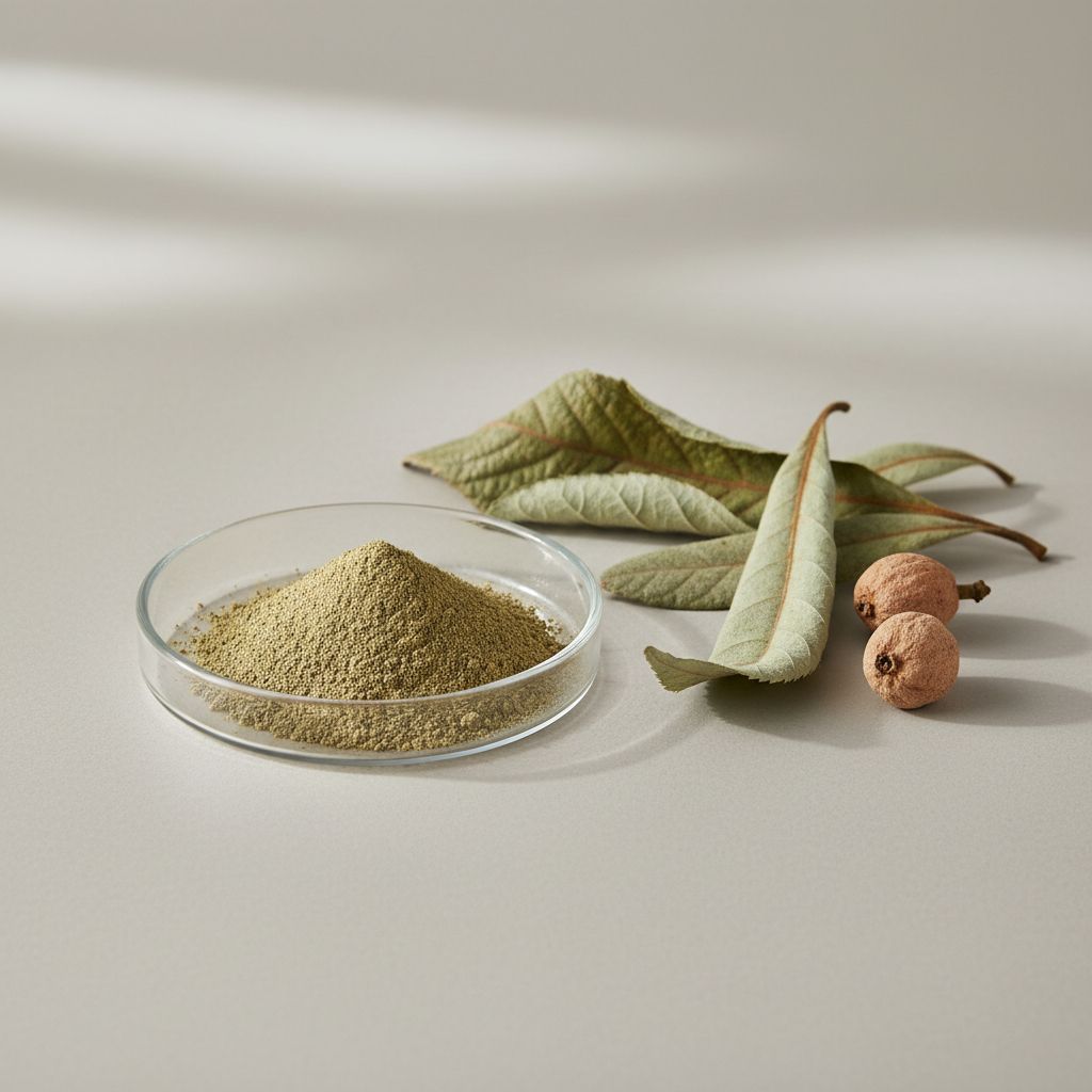 Illustrative studio sample of Loquat Leaf Extract beside Eriobotrya japonica source material