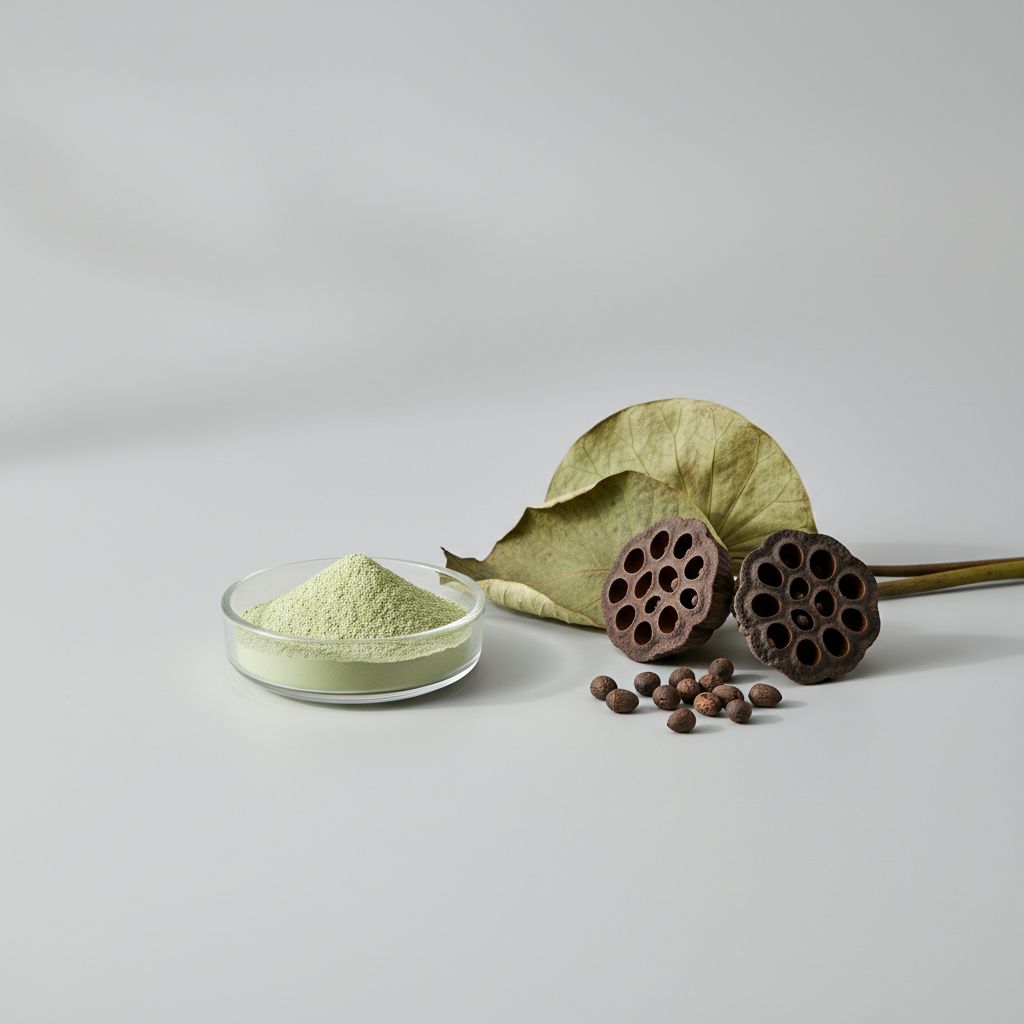 Illustrative studio sample of Lotus Leaf Extract beside Nelumbo nucifera source material